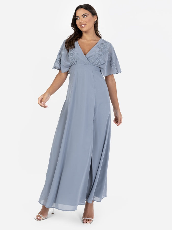 Maya Dusty Blue Floral Embroidered Short Sleeve Maxi Dress