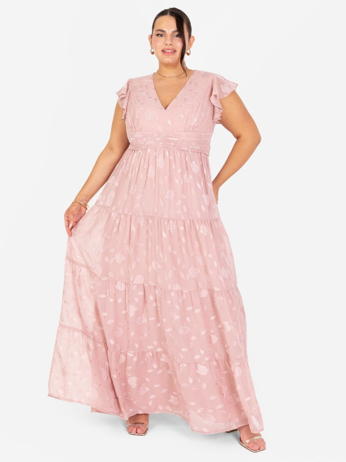 Maya Blush Floral Flutter Sleeve V Neck Maxi Dress