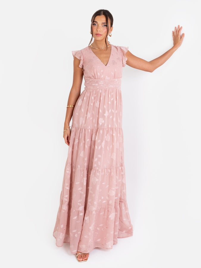 Maya Blush Floral Flutter Sleeve V Neck Maxi Dress