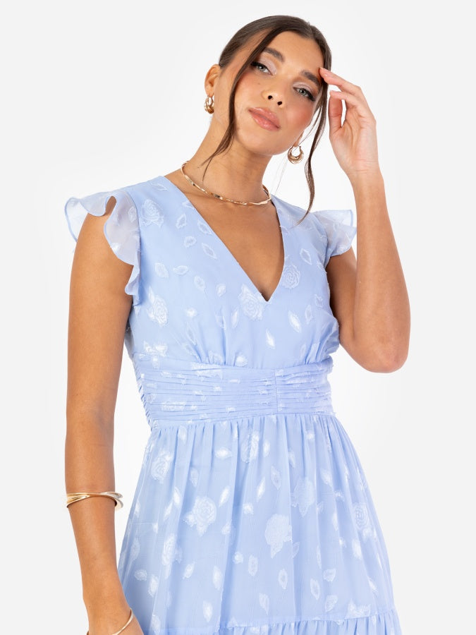 Maya Light Blue Floral Flutter Sleeve V Neck Maxi Dress