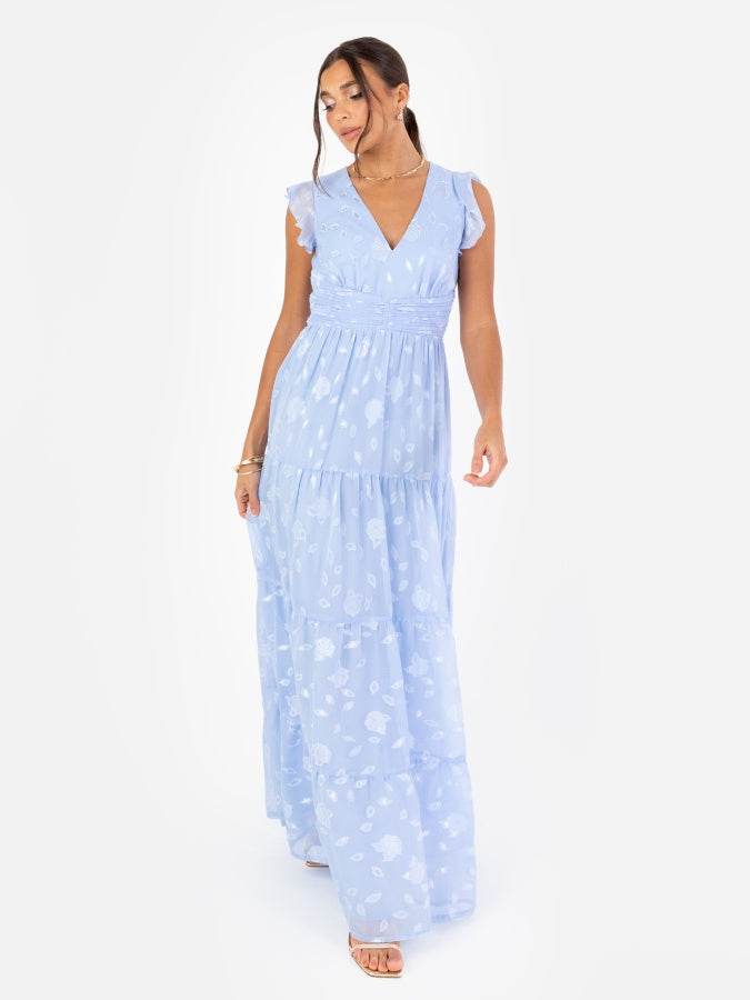 Maya Light Blue Floral Flutter Sleeve V Neck Maxi Dress