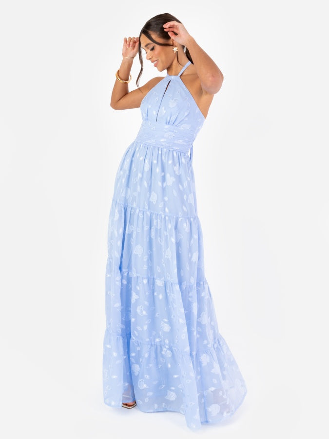 Maya Light Blue Floral Self-Tie Halter Neck Maxi Dress