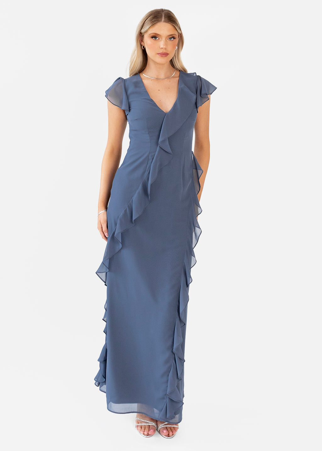 Anaya With Love Recycled Vintage Indigo Waterfall Ruffle Maxi Dress