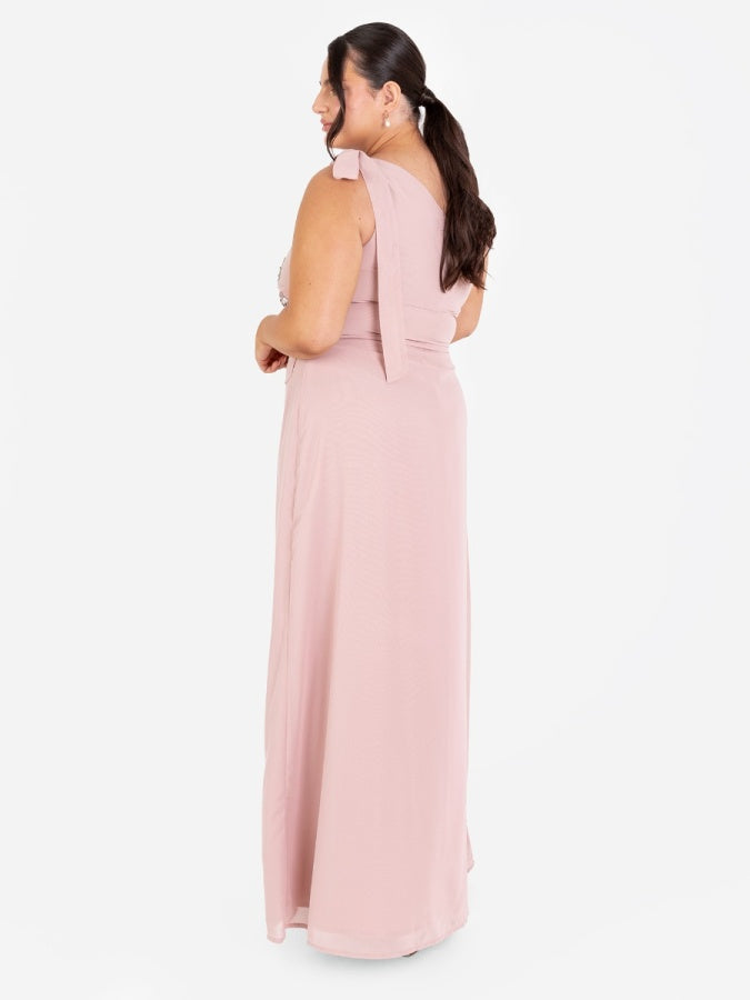 Maya Frosted Pink Floral Embellished Self-Tie One Shoulder Maxi Dress