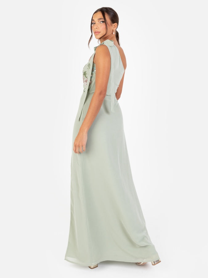 Maya Sage Green Floral Embellished Self-Tie One Shoulder Maxi Dress