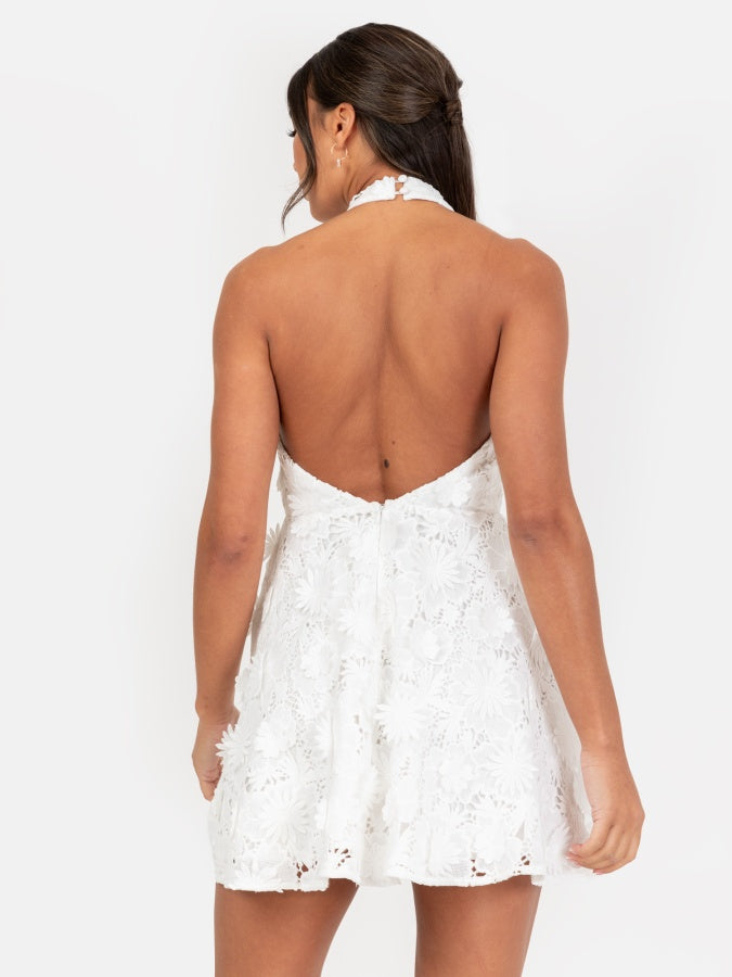 Maya White Halter Neck & Open Back Floral Lace Mini Dress