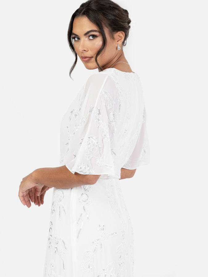Maya Bridal White Floral Motif Cape Sleeve Faux Wrap Maxi Dress