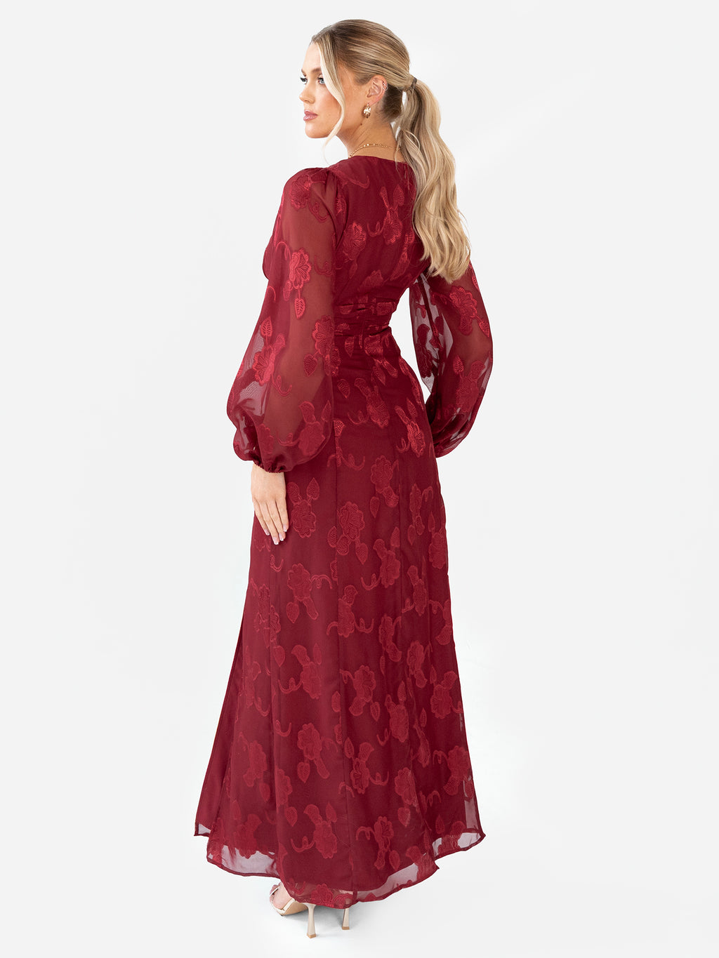 Maya Deep Red Floral Jacquard Blouson Sleeve Maxi Dress