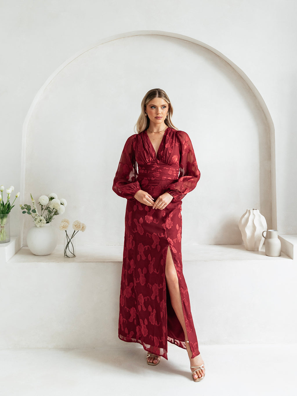 Maya Deep Red Floral Jacquard Blouson Sleeve Maxi Dress