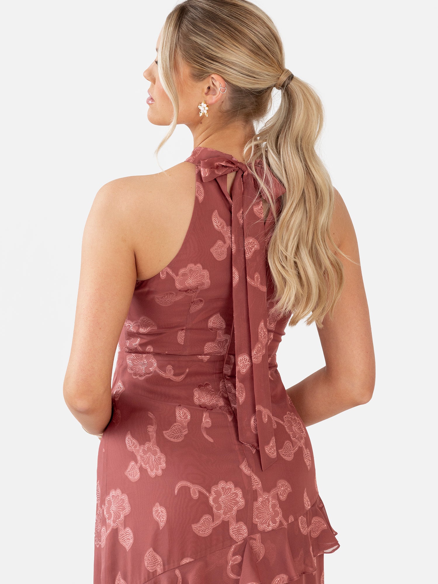 Maya Copper Rose Floral Jacquard Halter Neck Maxi Dress