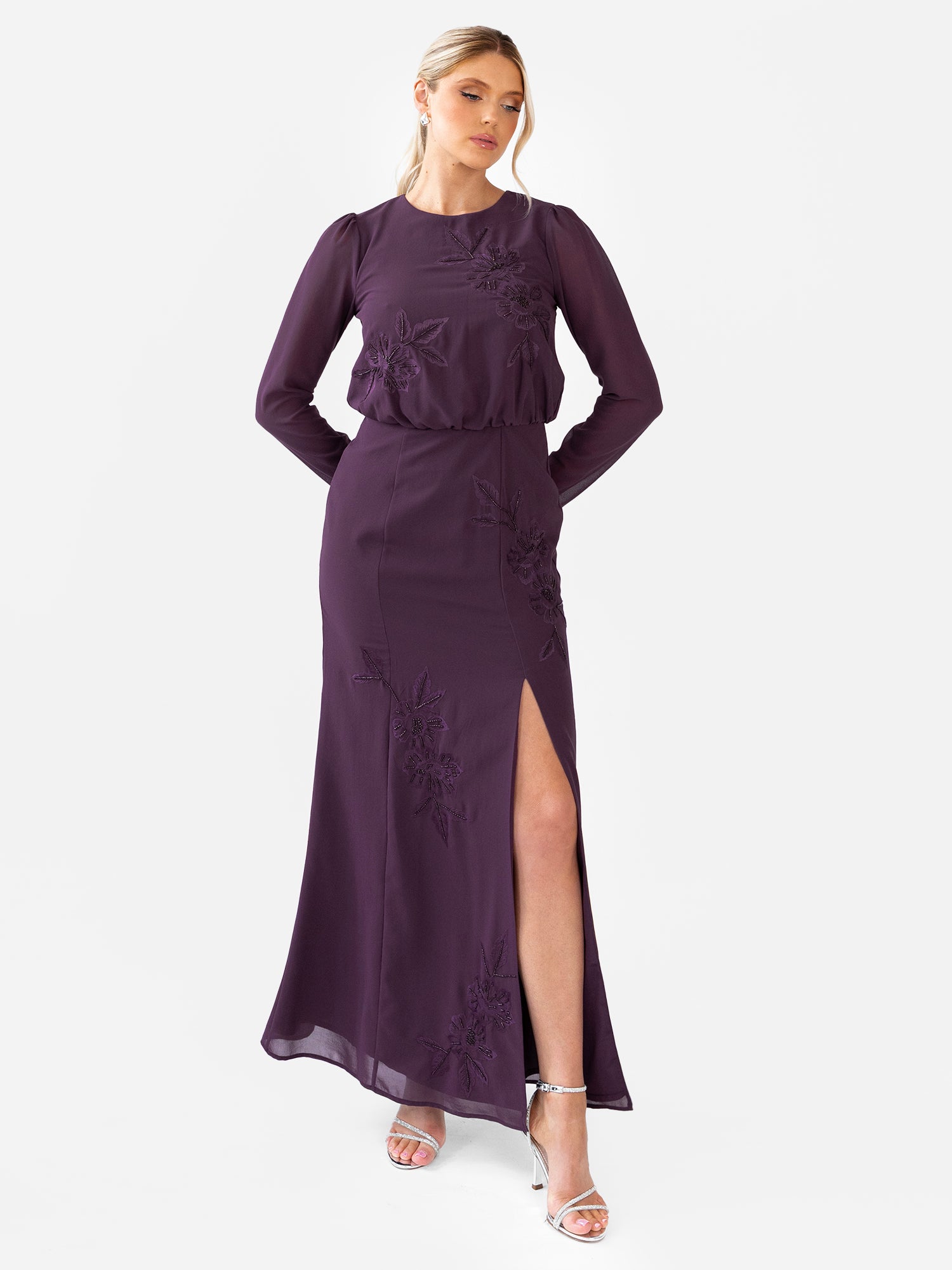 Maya Berry Floral Embroidered Long Sleeve Maxi Dress