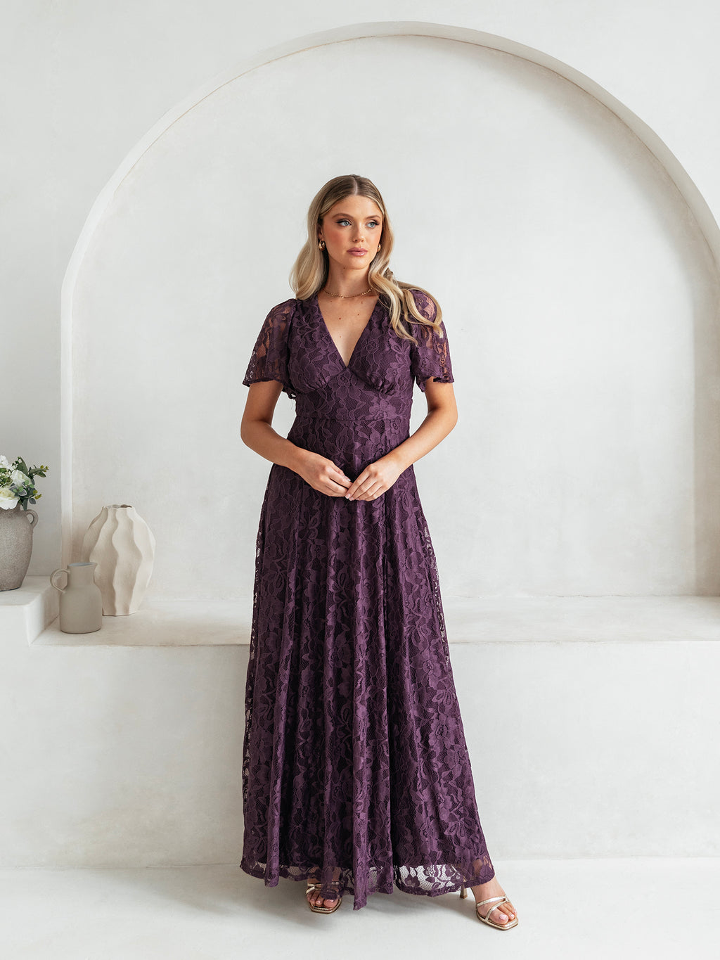 Maya Berry Lace V Neck Angel Sleeve Maxi Dress