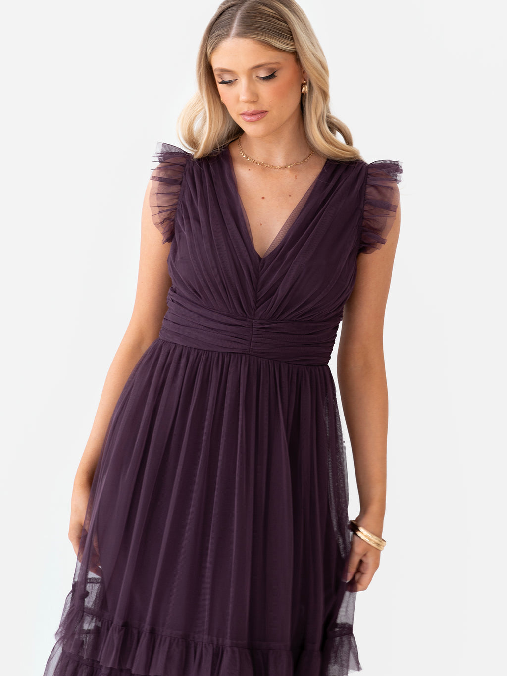 Anaya With Love Recycled Fig Flutter Sleeve Ruffle Maxi Dress