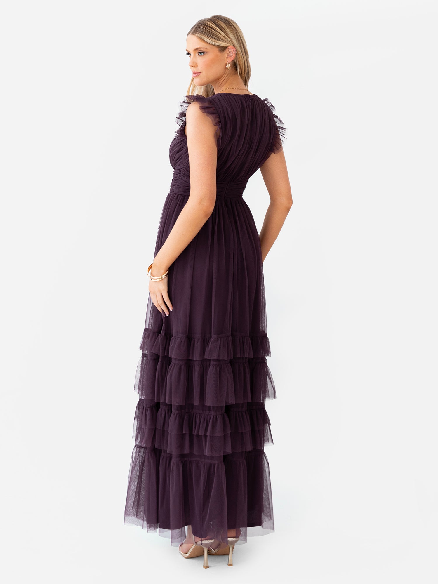 Anaya With Love Recycled Fig Flutter Sleeve Ruffle Maxi Dress