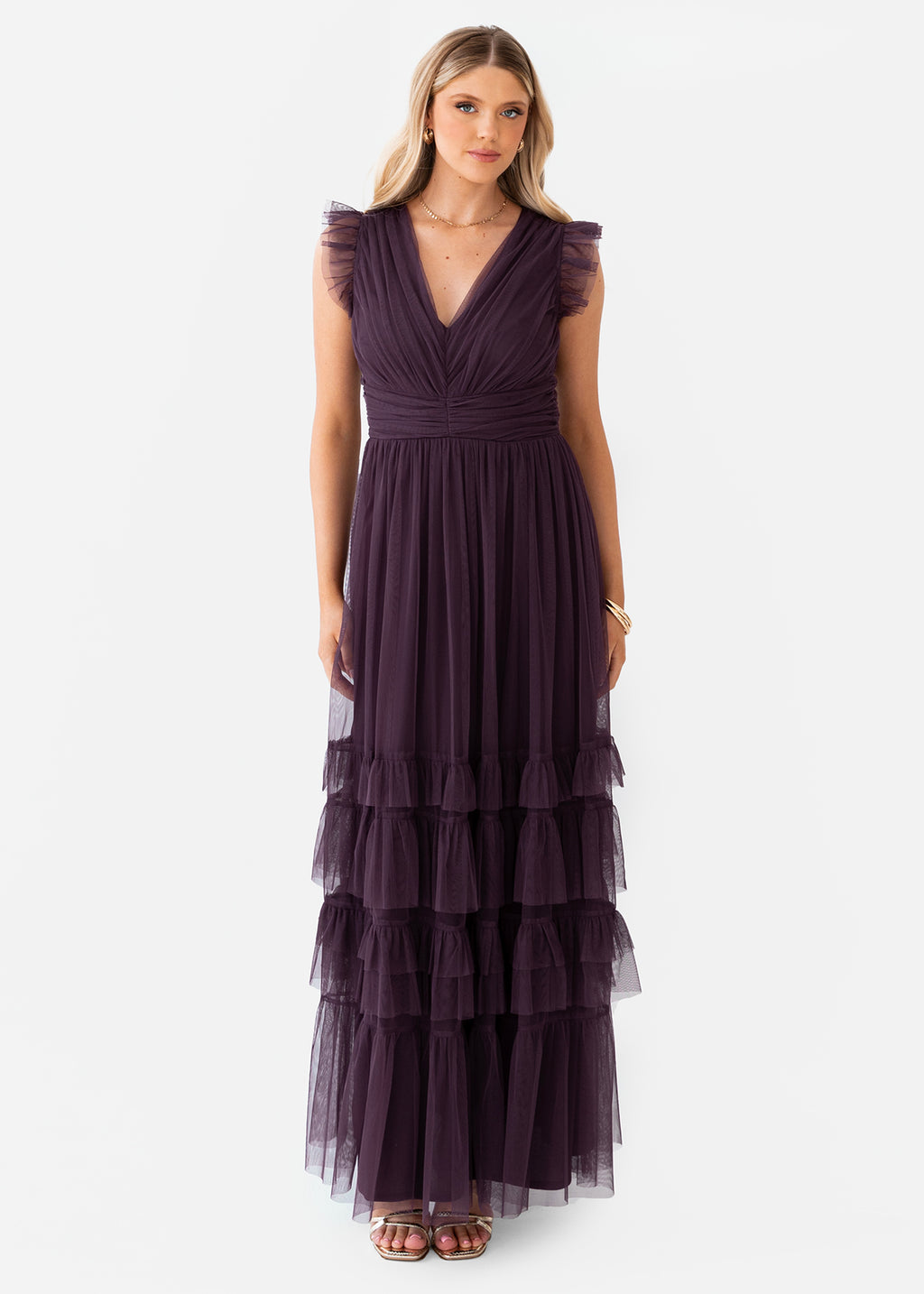Anaya With Love Recycled Fig Flutter Sleeve Ruffle Maxi Dress