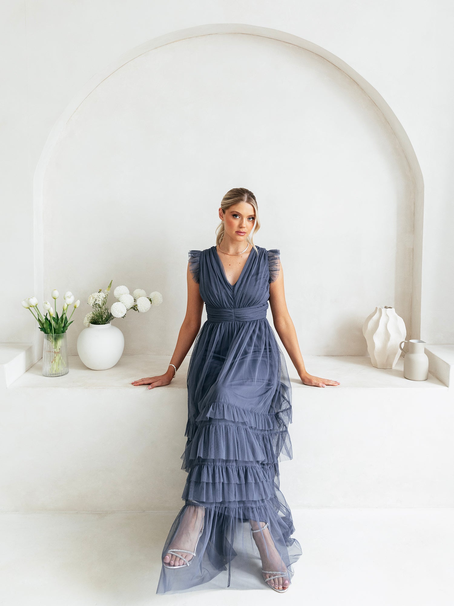 Anaya With Love Vintage Indigo Flutter Sleeve Ruffle Maxi Dress