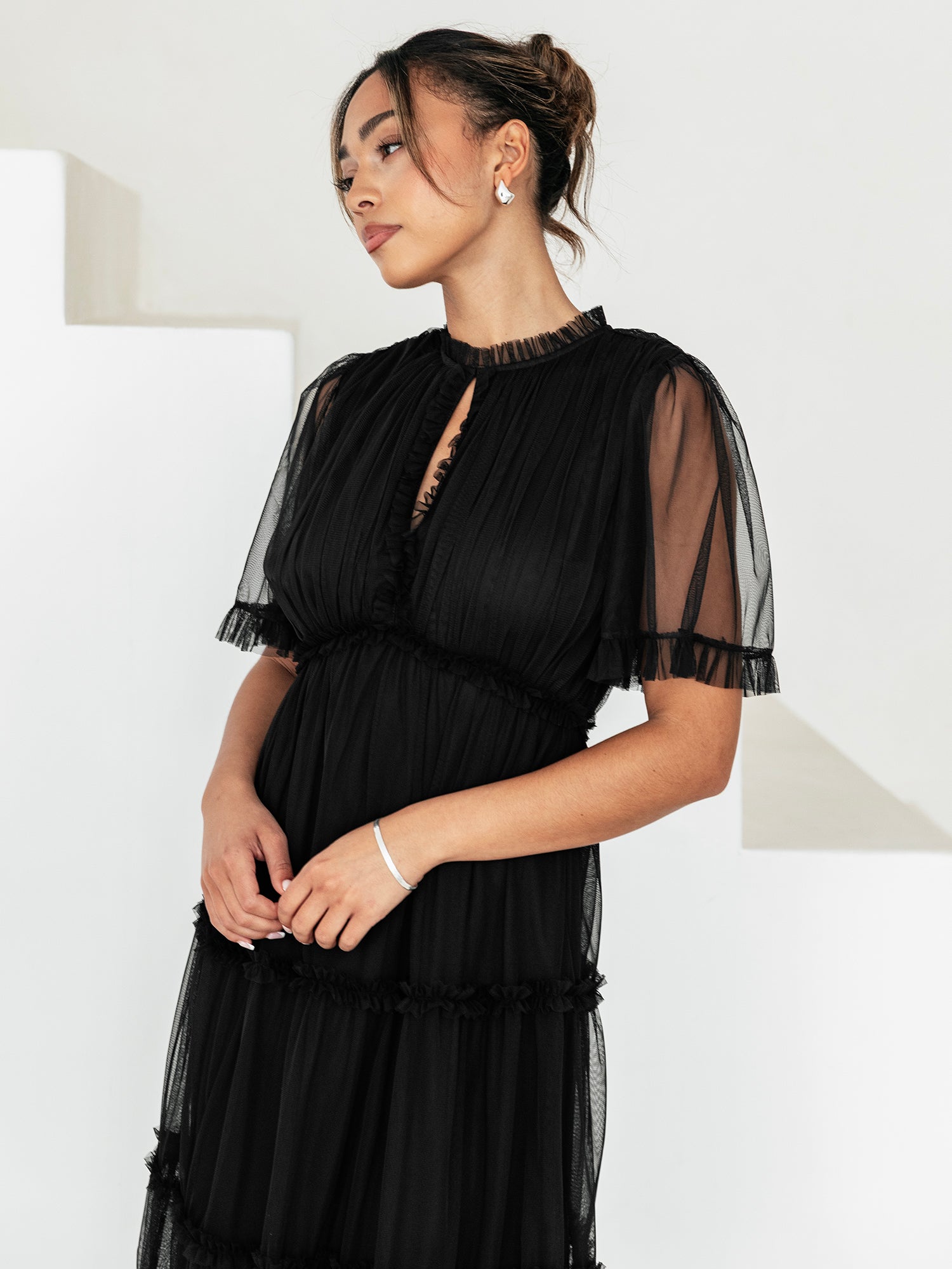 Anaya with Love Black Keyhole Detail Short Sleeve Frill Midaxi Dress