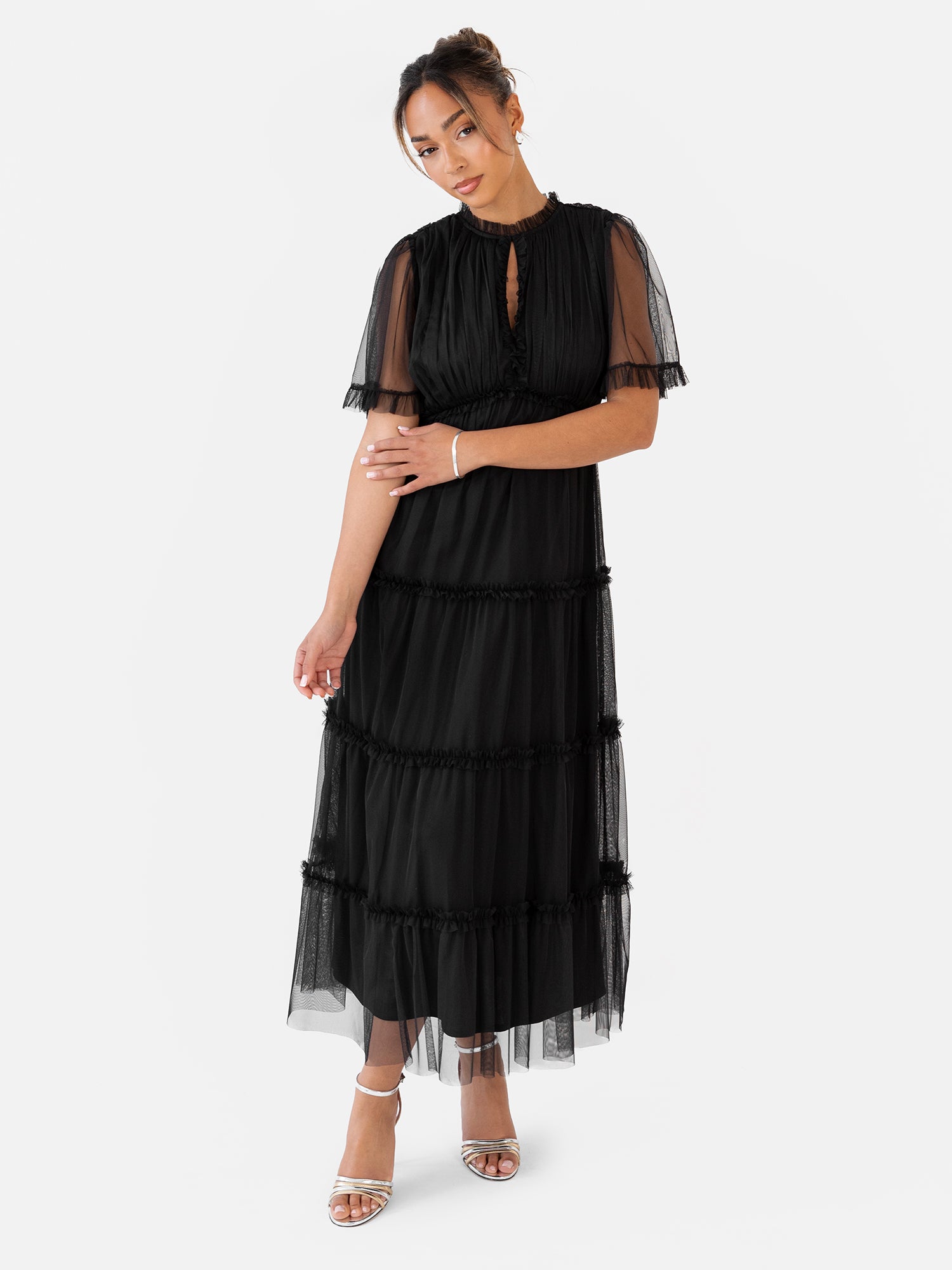 Anaya with Love Black Keyhole Detail Short Sleeve Frill Midaxi Dress