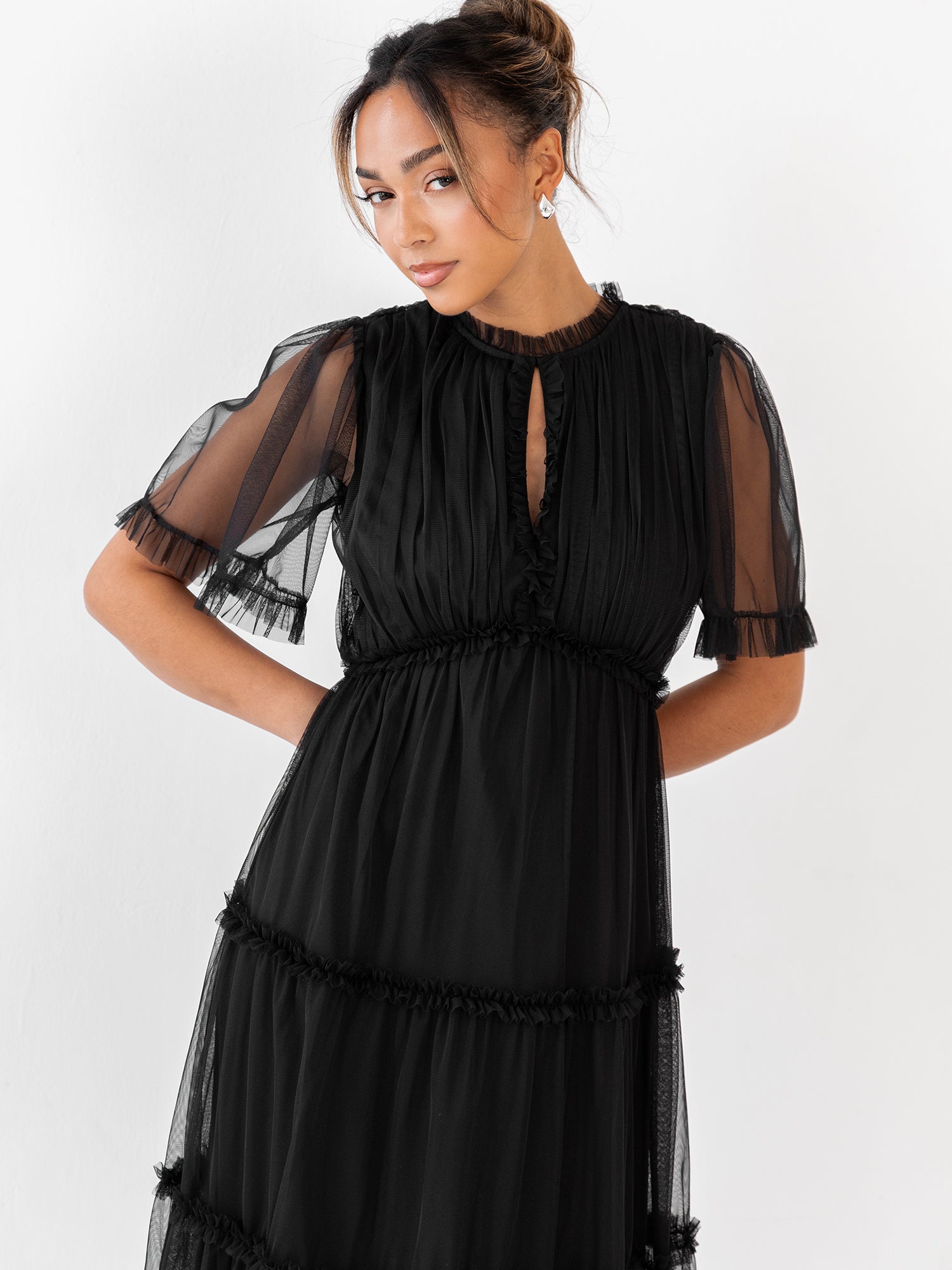 Anaya with Love Black Keyhole Detail Short Sleeve Frill Midaxi Dress