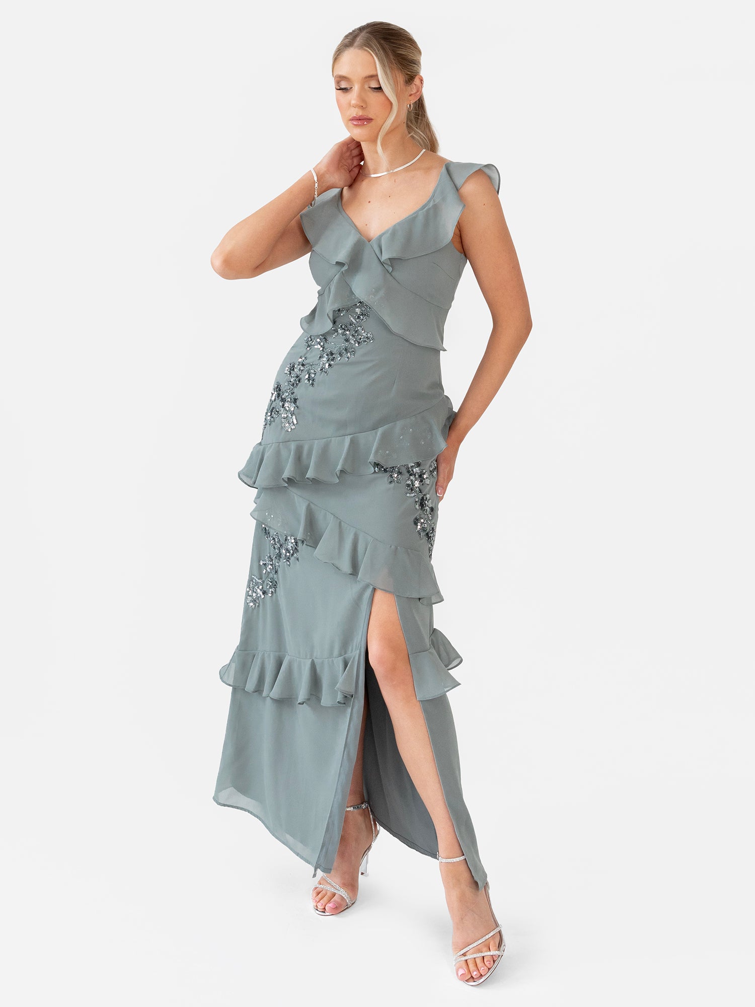 Maya Misty Green Floral Embellished Strappy Ruffle Maxi Dress