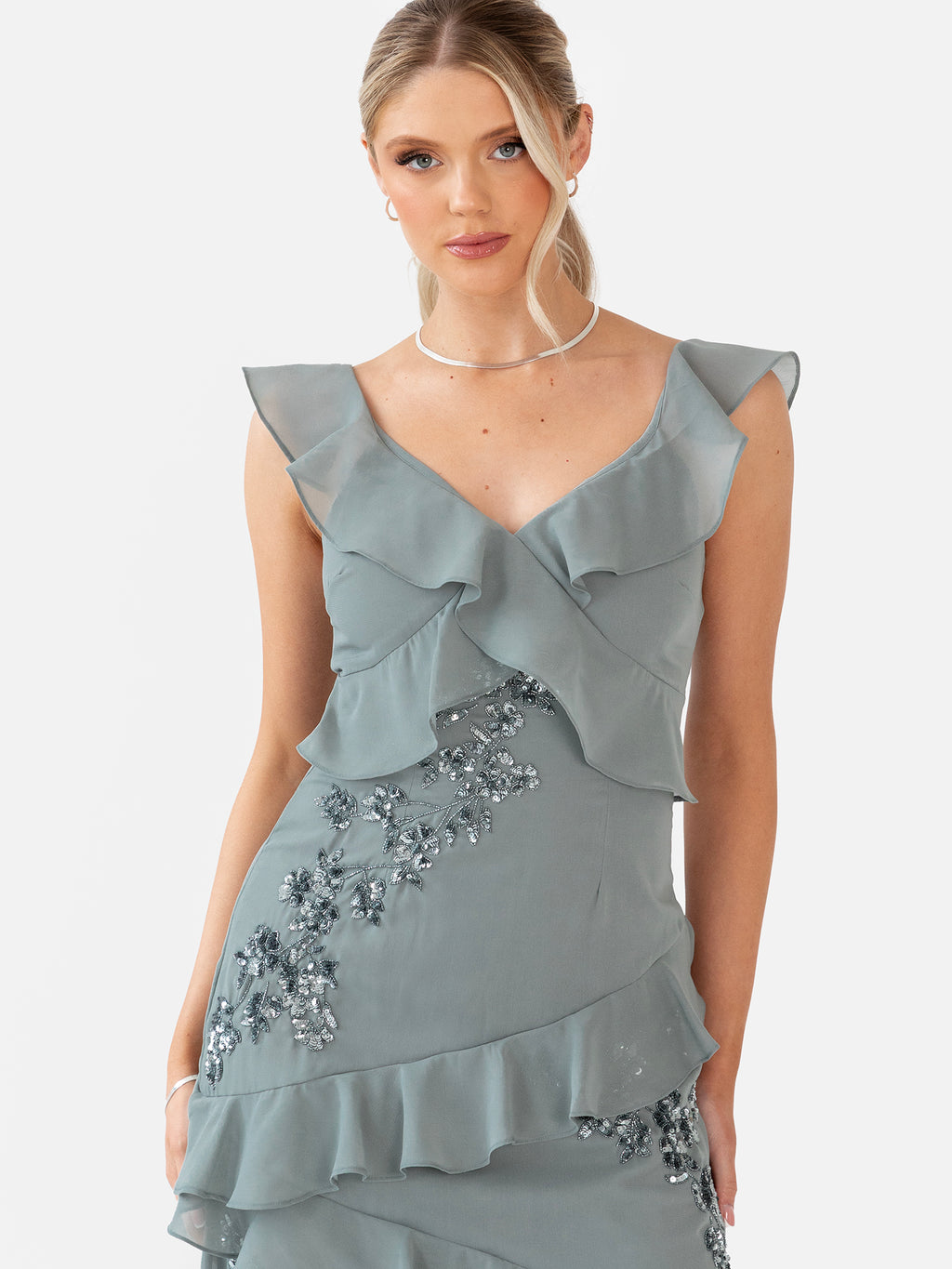 Maya Misty Green Floral Embellished Strappy Ruffle Maxi Dress