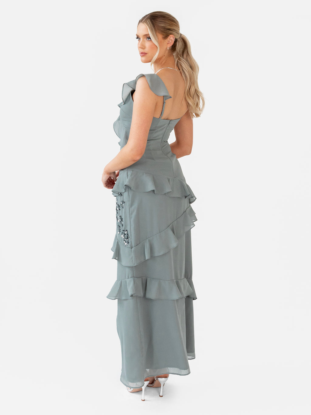 Maya Misty Green Floral Embellished Strappy Ruffle Maxi Dress