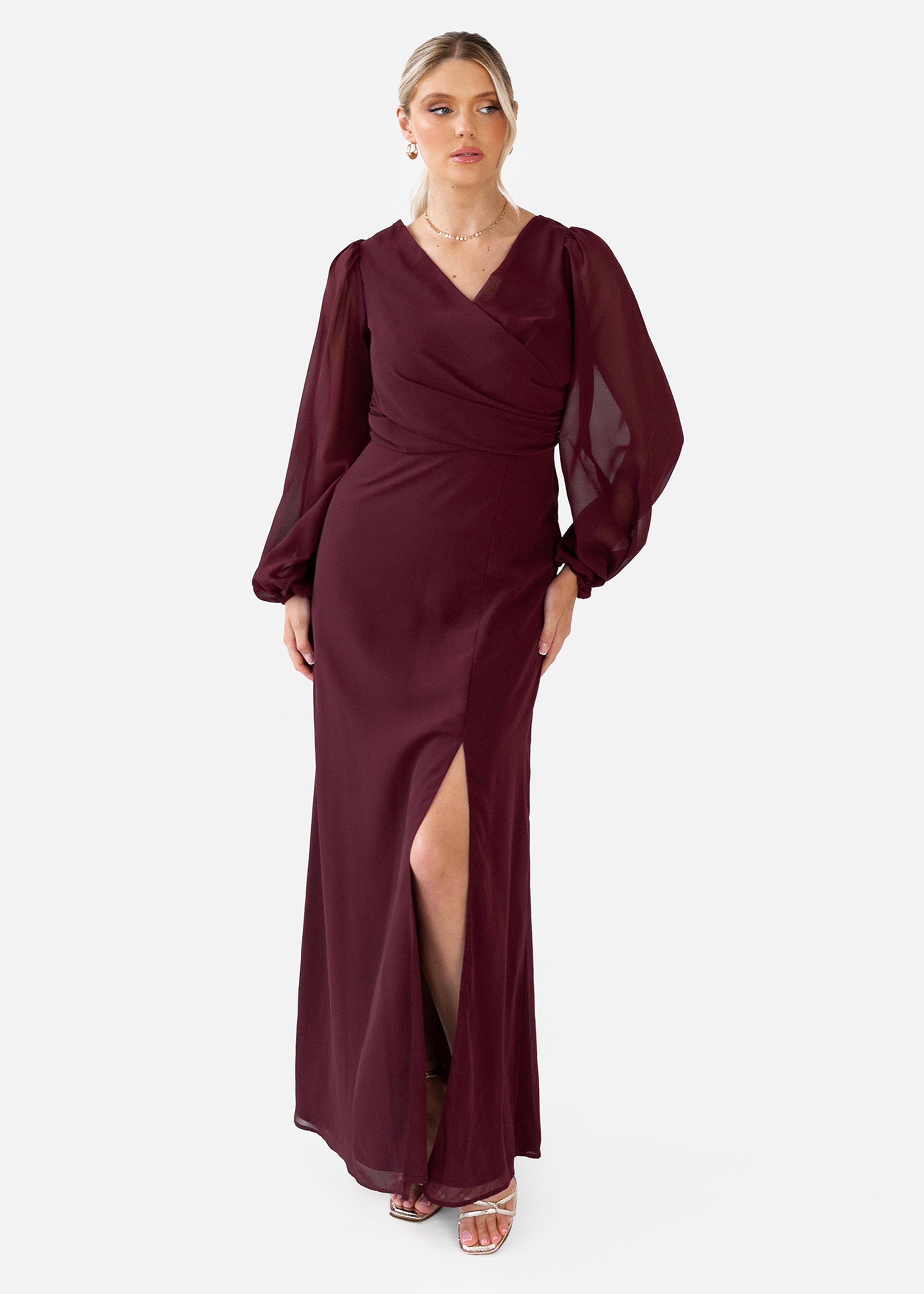 Anaya With Love Recycled Maroon Faux Wrap Blouson Sleeve Maxi Dress