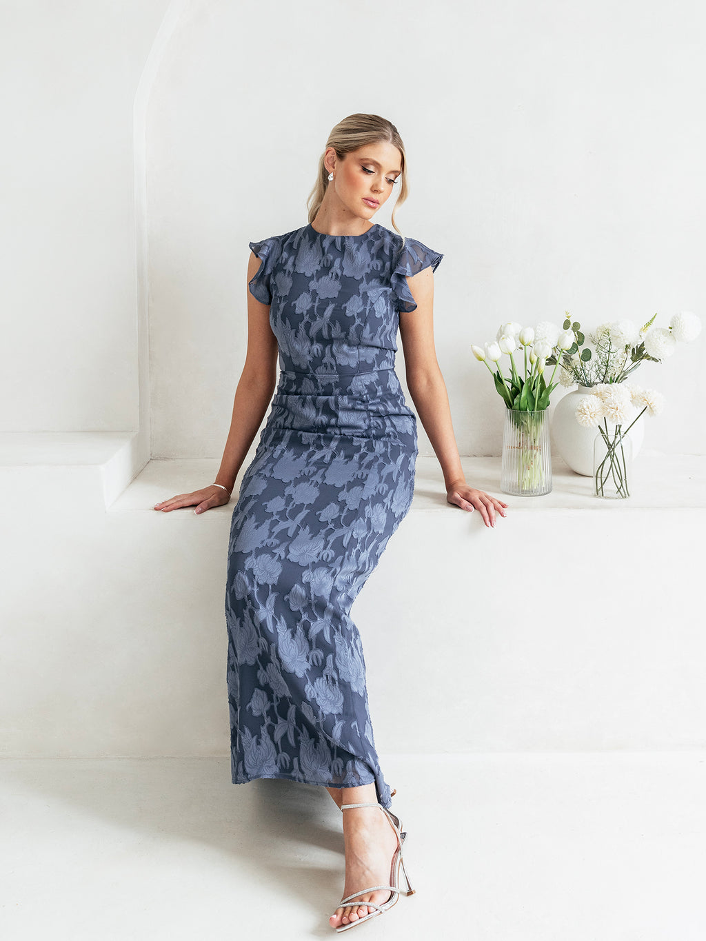 Anaya With Love Storm Blue Flutter Sleeve Maxi Dress with Self-Tie Back