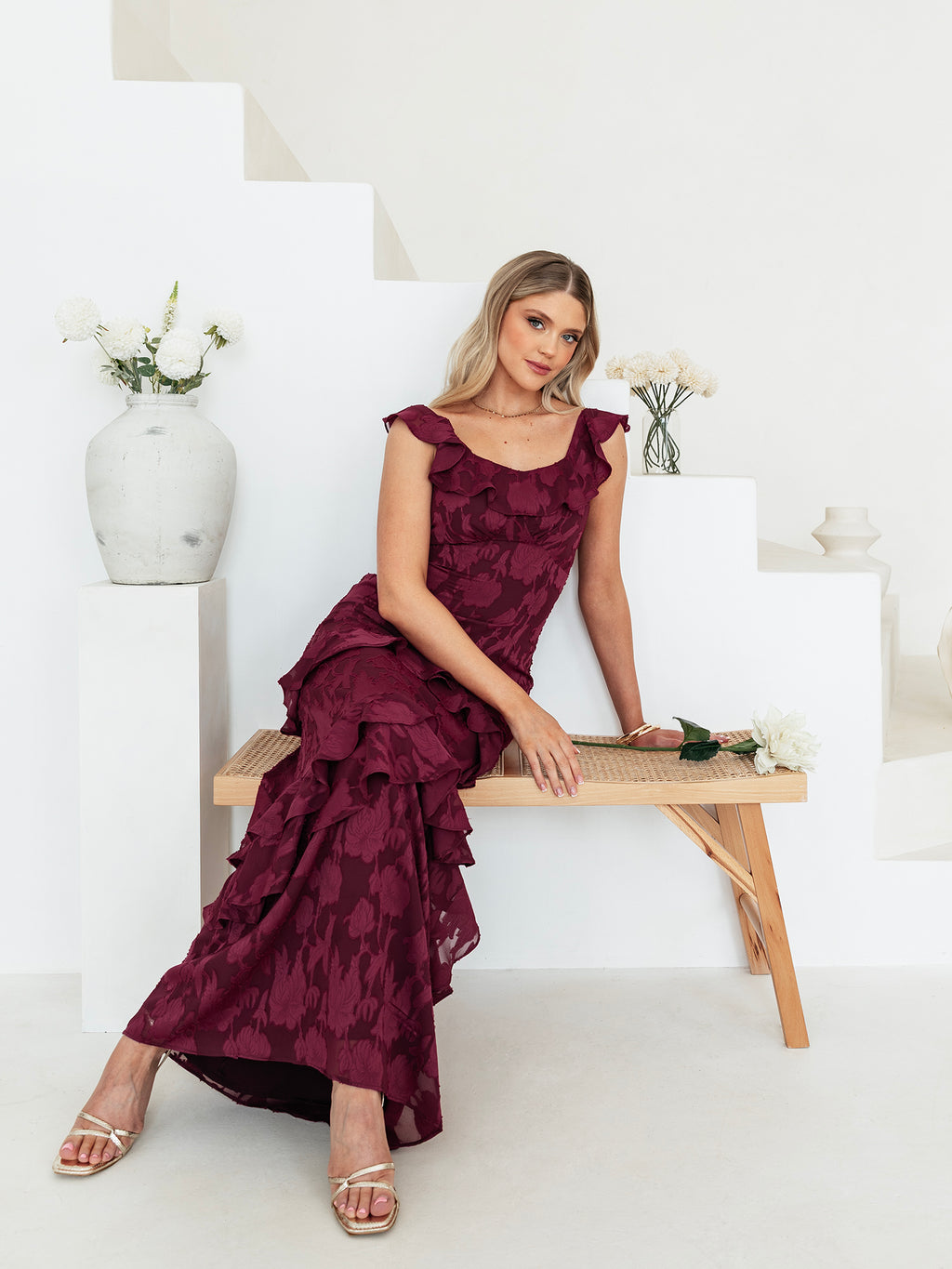 Anaya With Love Recycled Dark Raspberry Floral Burnout Ruffled Maxi Dress