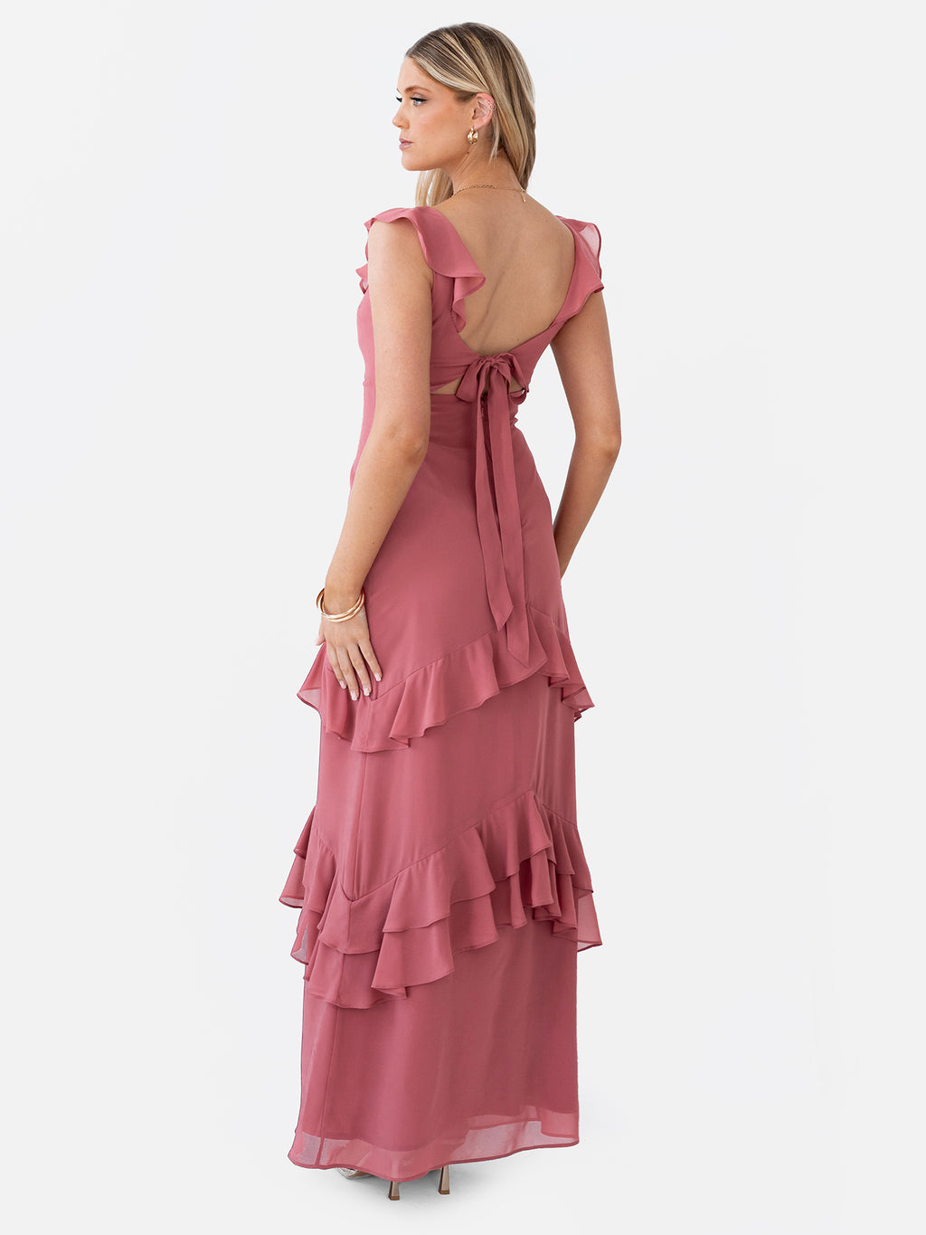 Anaya With Love Recycled Garnet Rose Ruffled Maxi Dress with Tie Back