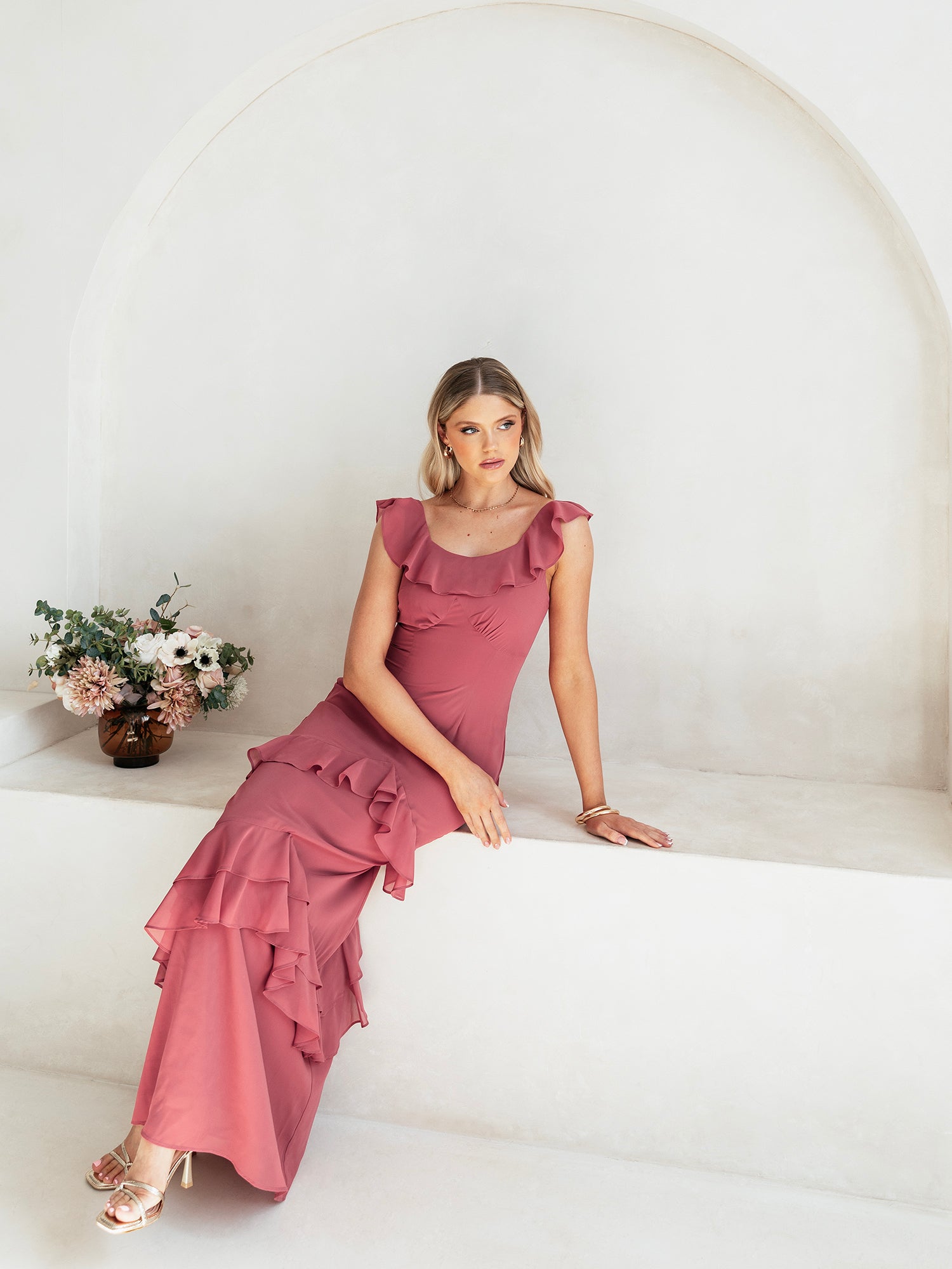 Anaya With Love Recycled Garnet Rose Ruffled Maxi Dress with Tie Back