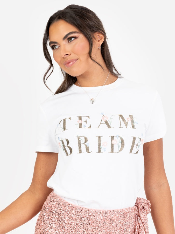 Maya White Embroidered 'Team Bride' T-Shirt