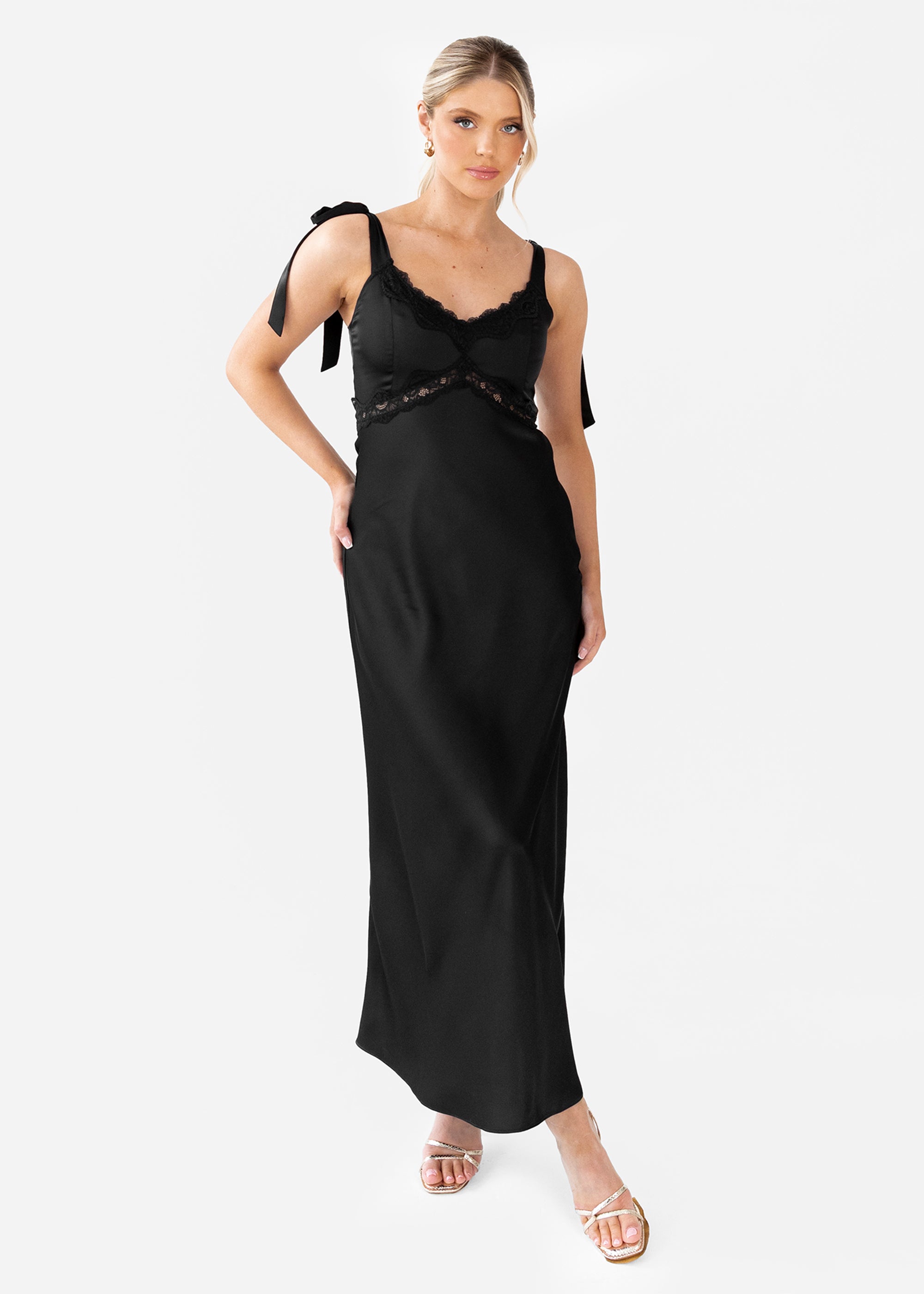 Maya Black Tie-Shoulder Strappy Satin Midaxi Dress