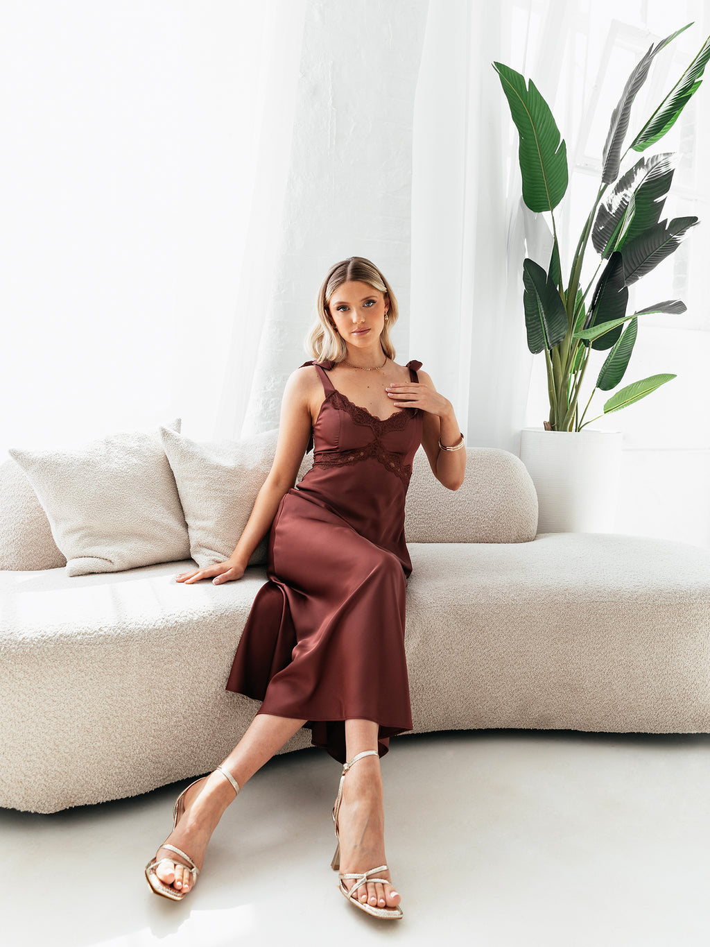 Maya Brown Tie-Shoulder Strappy Satin Midaxi Dress