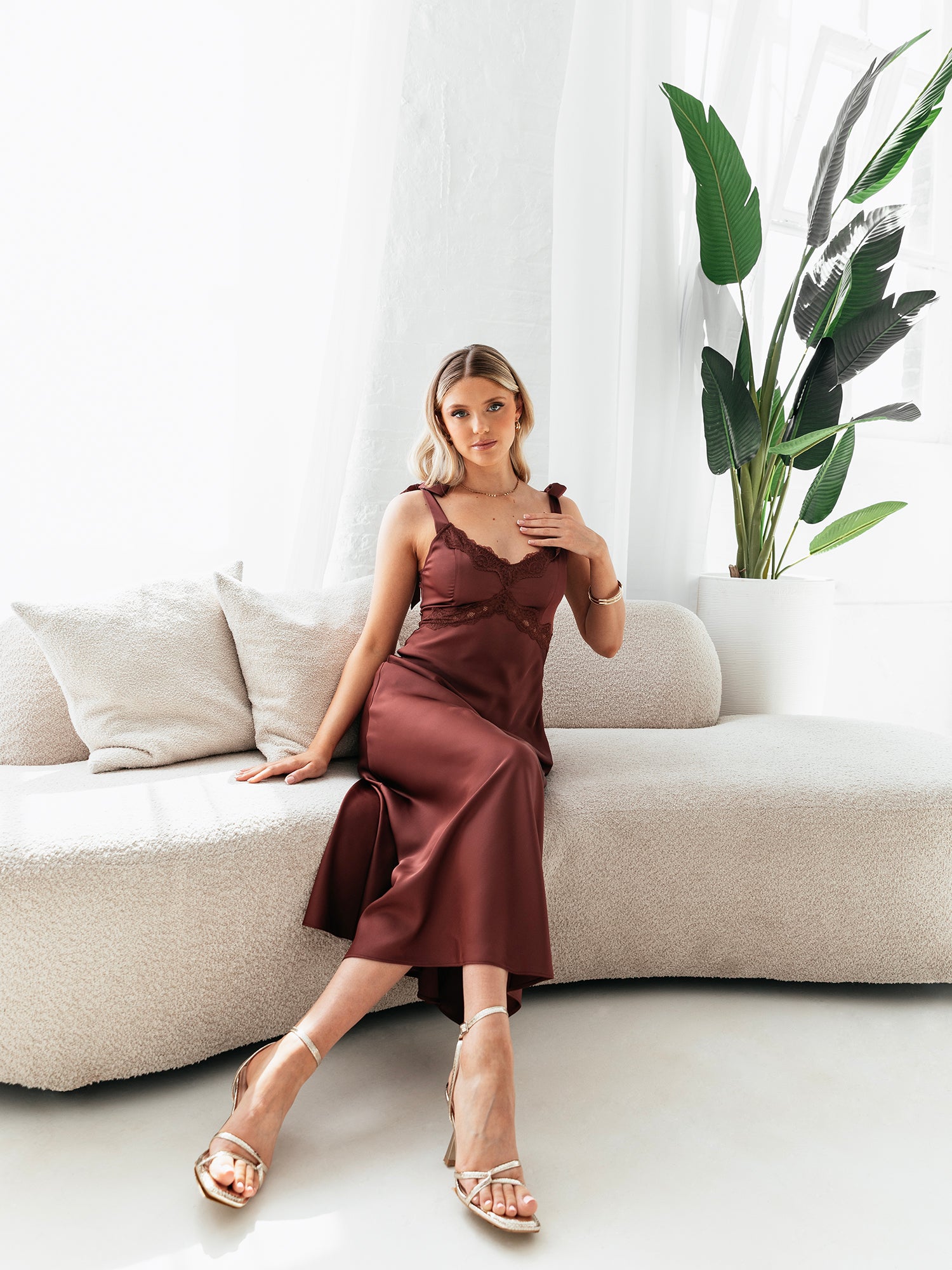 Maya Brown Tie-Shoulder Strappy Satin Midaxi Dress
