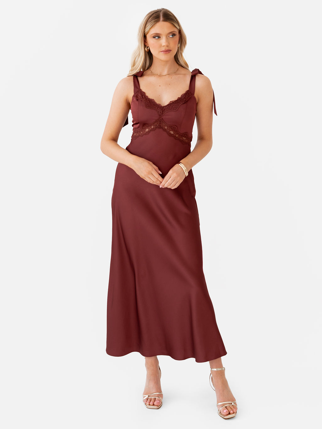 Maya Brown Tie-Shoulder Strappy Satin Midaxi Dress