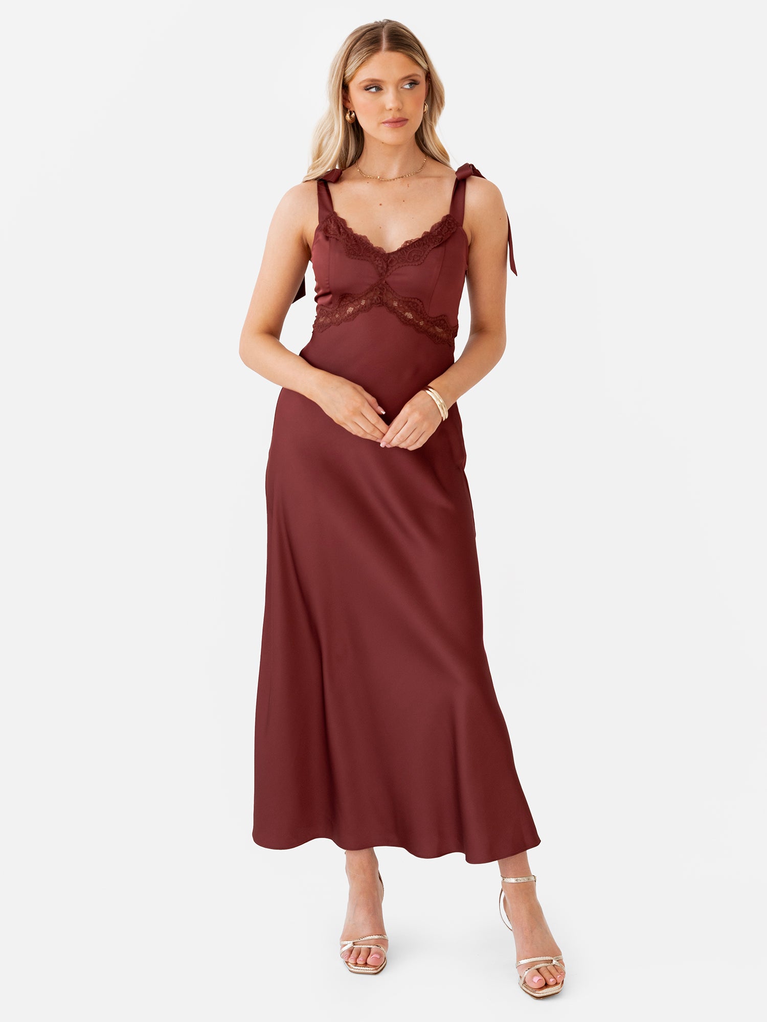 Maya Brown Tie-Shoulder Strappy Satin Midaxi Dress