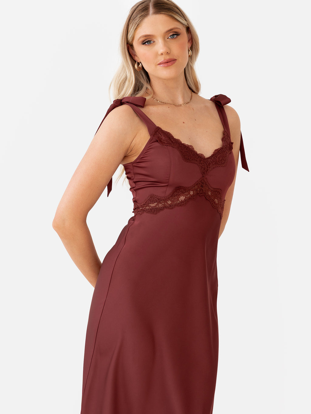 Maya Brown Tie-Shoulder Strappy Satin Midaxi Dress