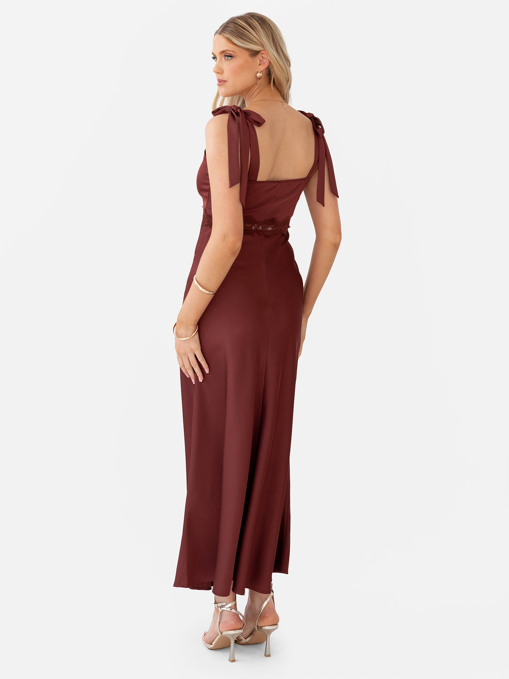 Maya Brown Tie-Shoulder Strappy Satin Midaxi Dress