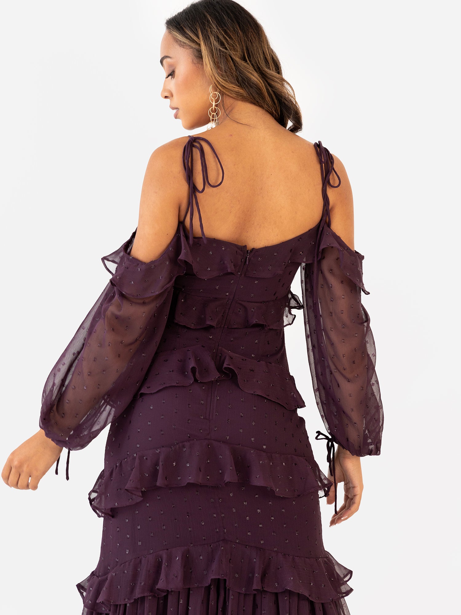 Anaya with Love Fig Cold Shoulder Ruffle Maxi Dress