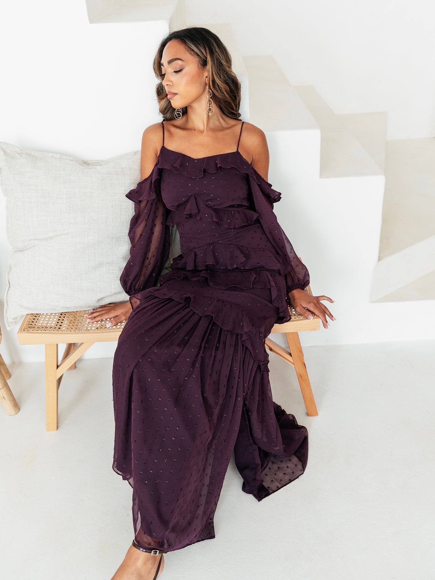 Anaya with Love Fig Cold Shoulder Ruffle Maxi Dress