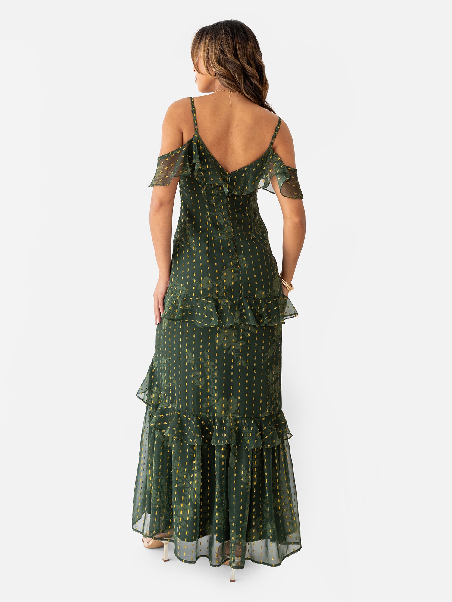 Anaya With Love Floral Green Cold Shoulder Maxi Dress with Metallic Detail