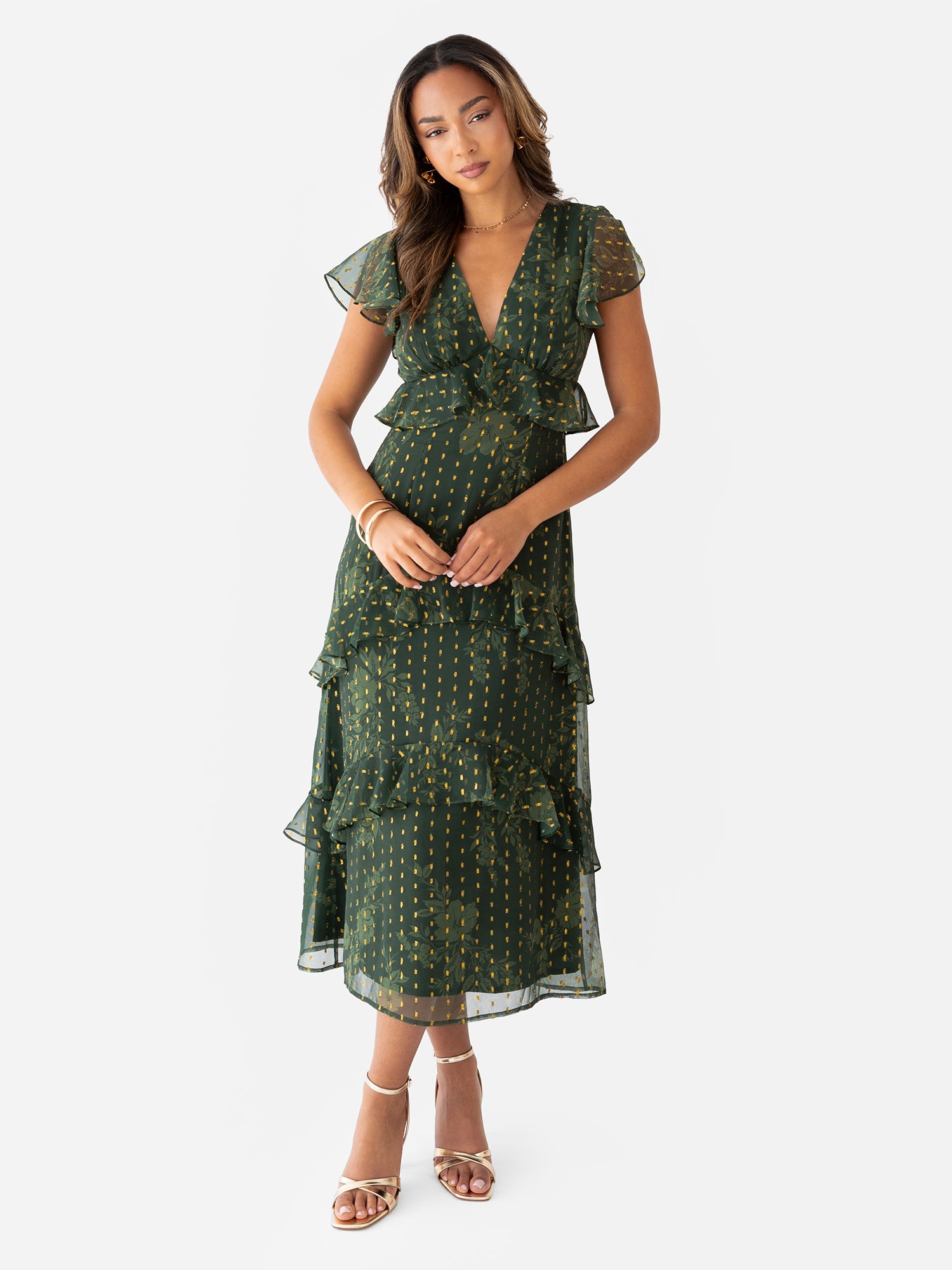 Anaya With Love Floral Green V Neck Midi Dress with Metallic Detail