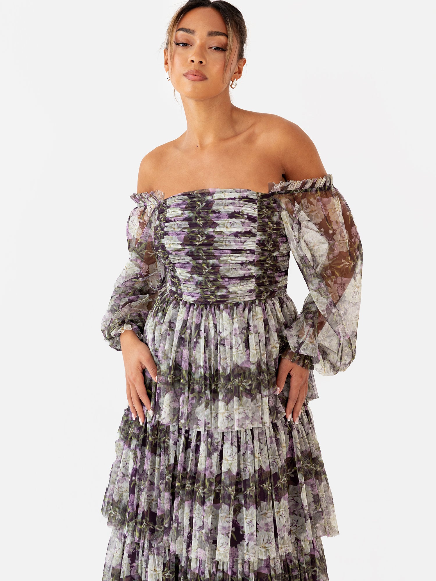 Anaya With Love Floral Long Sleeve Bardot Maxi Dress
