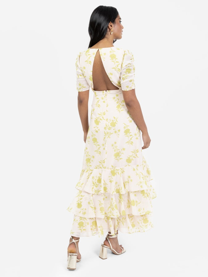 Anaya With Love Floral Short Ruched Sleeve & Keyhole Back High-Low Dress