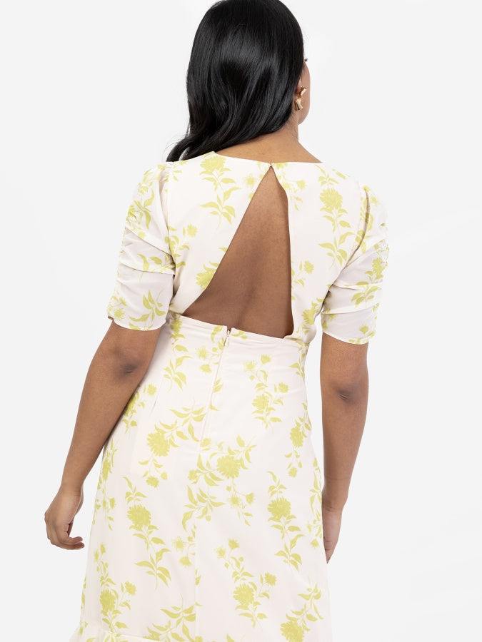 Anaya With Love Floral Short Ruched Sleeve & Keyhole Back High-Low Dress