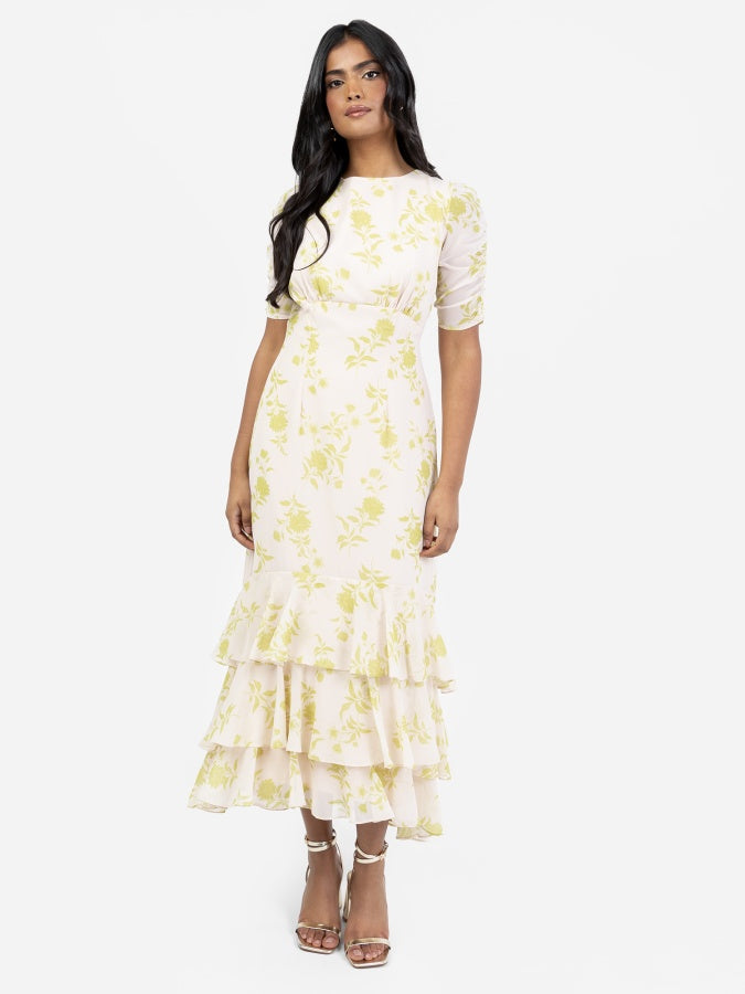 Anaya With Love Floral Short Ruched Sleeve & Keyhole Back High-Low Dress