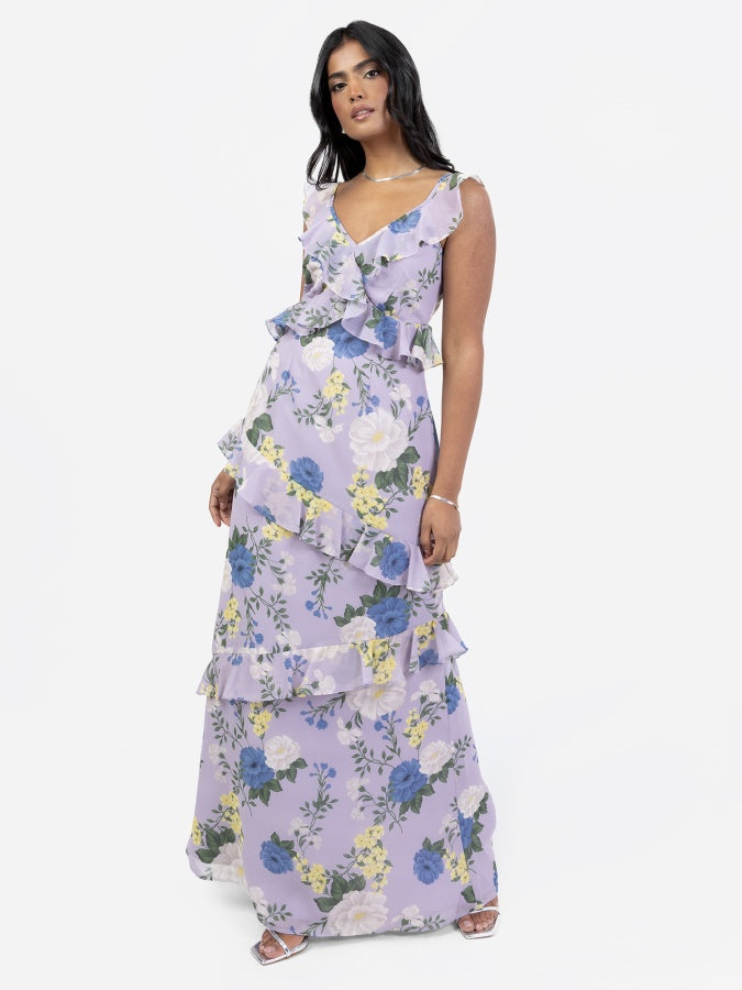 Anaya With Love Floral Strappy Lilac Maxi Dress with Ruffle Detail