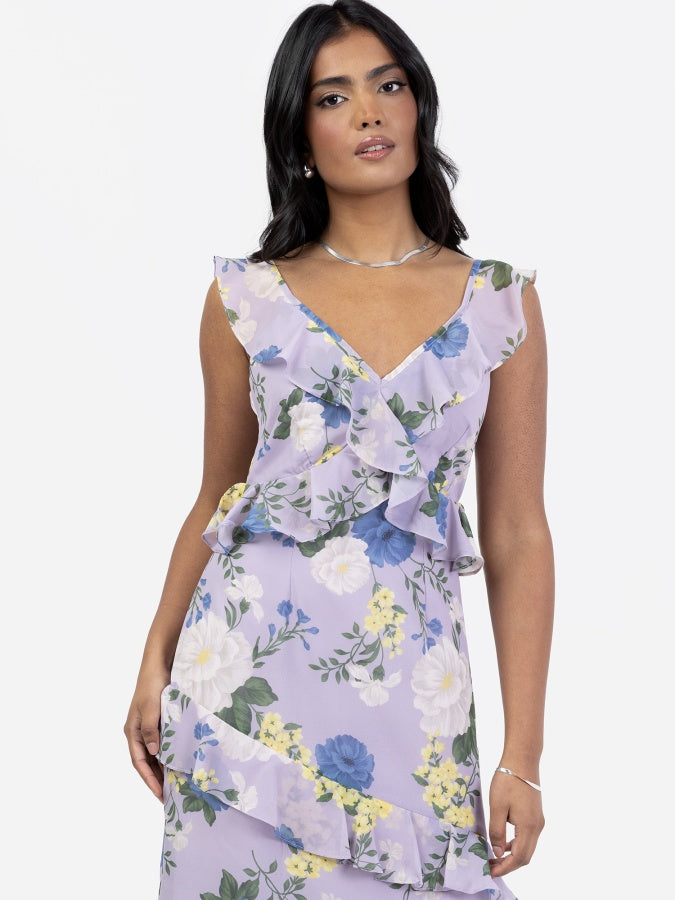 Anaya With Love Floral Strappy Lilac Maxi Dress with Ruffle Detail