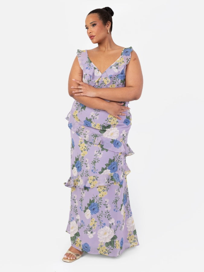 Anaya With Love Floral Strappy Lilac Maxi Dress with Ruffle Detail